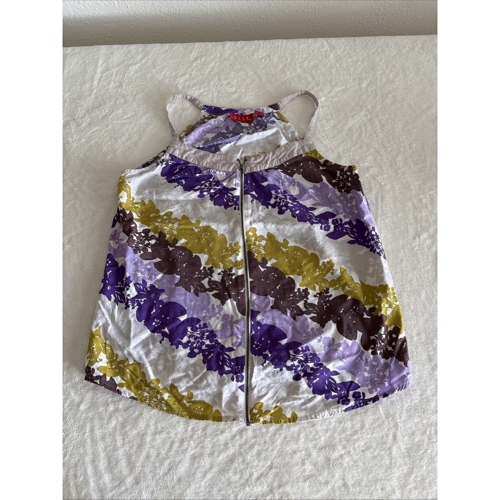 ELLE Women's Medium Y2K Zip‎ Front Tank Top Spaghetti Strap Purple Gold